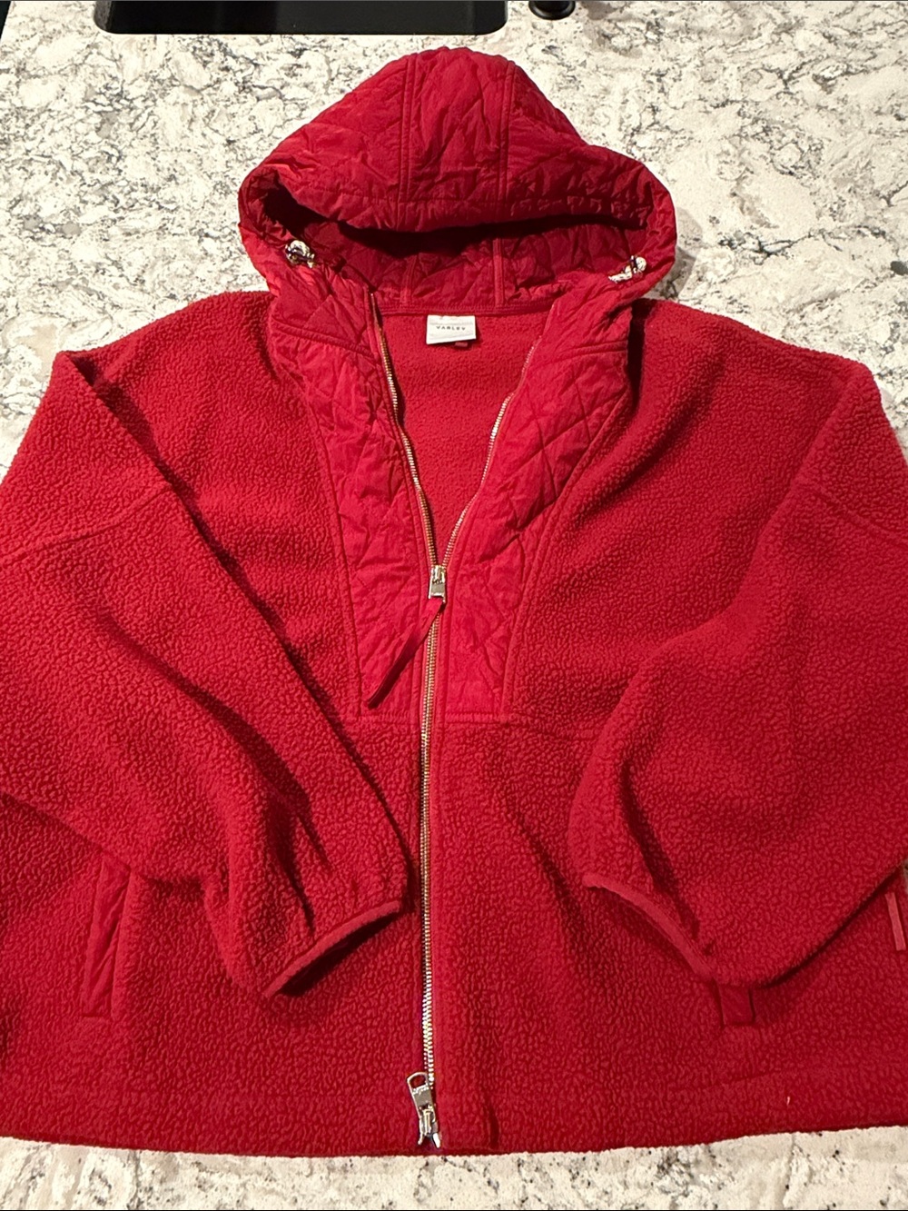 Varley Red Quilted-Trim Hooded Fleece Zip Jacket